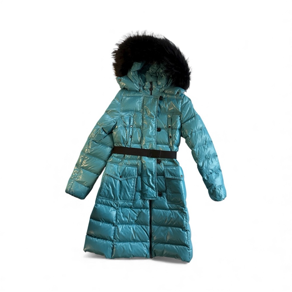 Moncler Aqua Knee Length Puffer Coat with Black Fur Hood - Junior 14/Women’s 2/4